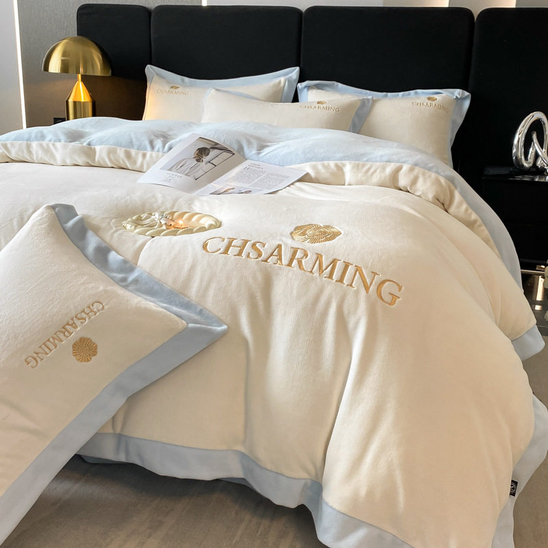 Autumn and Winter Simple Embroidered Milk Velvet Four-Piece Set Thickened Duvet Cover Bed Sheet Three-Piece Set Bedding Nantong Home Textiles