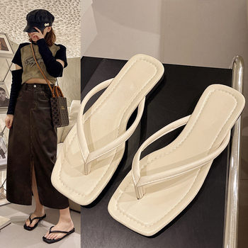 Casual Flip-Flops for Women Summer 2025 New Square Toe Stiletto Sandals Flats Fashion Elegant Flip-Flops