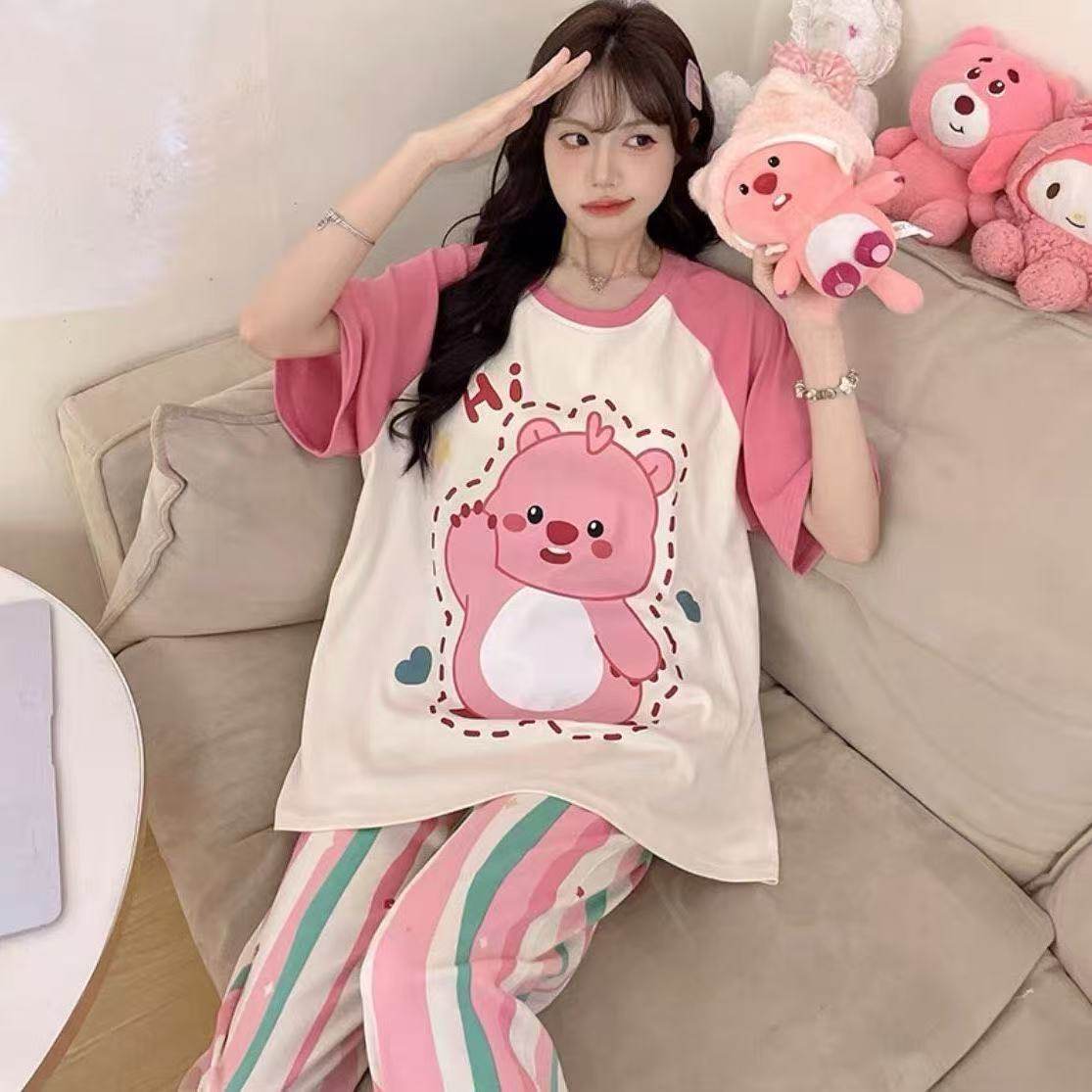 睡衣女短袖长裤夏季卡通可爱2025新款卡通春夏天家居服套装可外穿