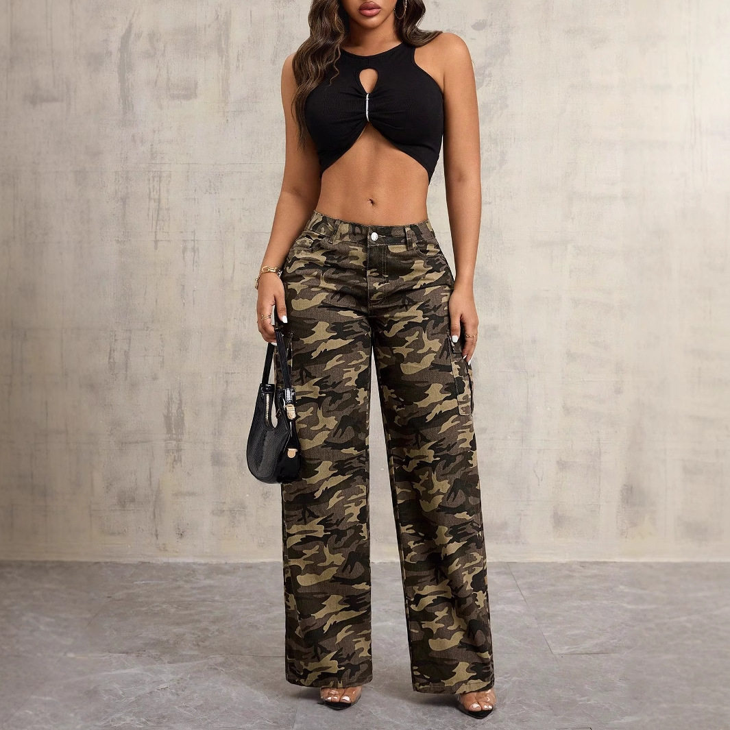 Camouflage Wide Leg Cargo Pants Casual Style Streetwear Trend Comfortable Fit Wholesale Available
