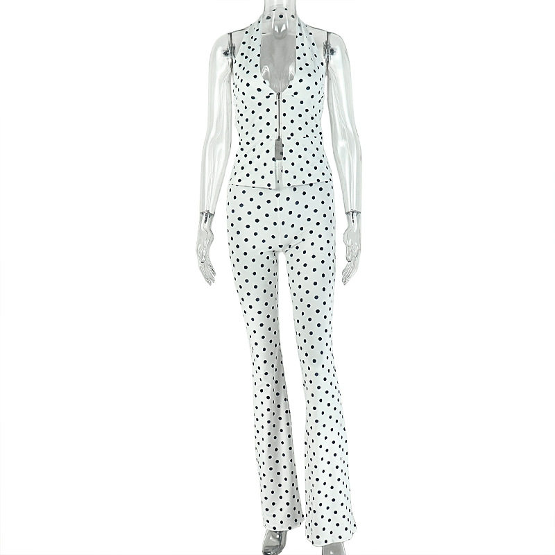 Polka Dot Halter Neck Sleeveless Top and Slim Fit Long Pants Set Summer Fashion Casual Wear Wholesale Available