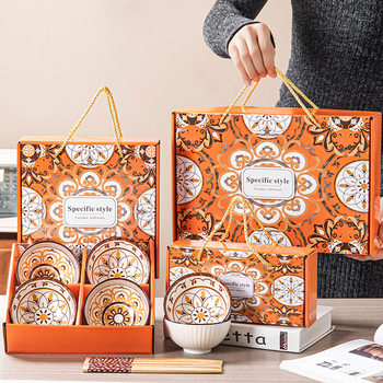 Tableware Set with Logo, Ceramic Dinnerware Set, Bowl Gift Box, Small Gift, Souvenir, Vintage Light Luxury