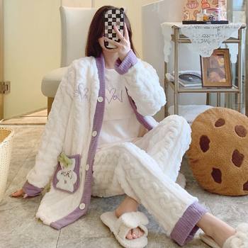 Maternity Pajamas Autumn and Winter Thickened Flannel Maternity Sleepwear Postpartum Nursing Three-Piece Set Maternity Nursing Loungewear