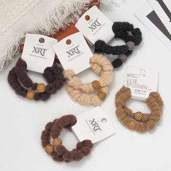 Pack of 2 Autumn and Winter Maillard Plush Hair Ties with High Elasticity and Rhinestone Hair Ties, High-End Ball Hair Ties and Rubber Bands