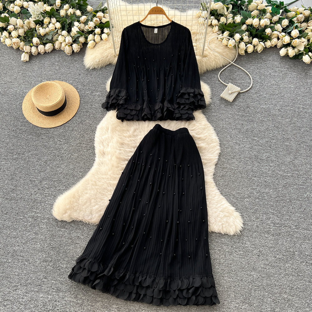 French Style Elegant 3D Petal Embellished Long Sleeve Two Piece Skirt Set Autumn Fashion Womens Chic Outfit Wholesale