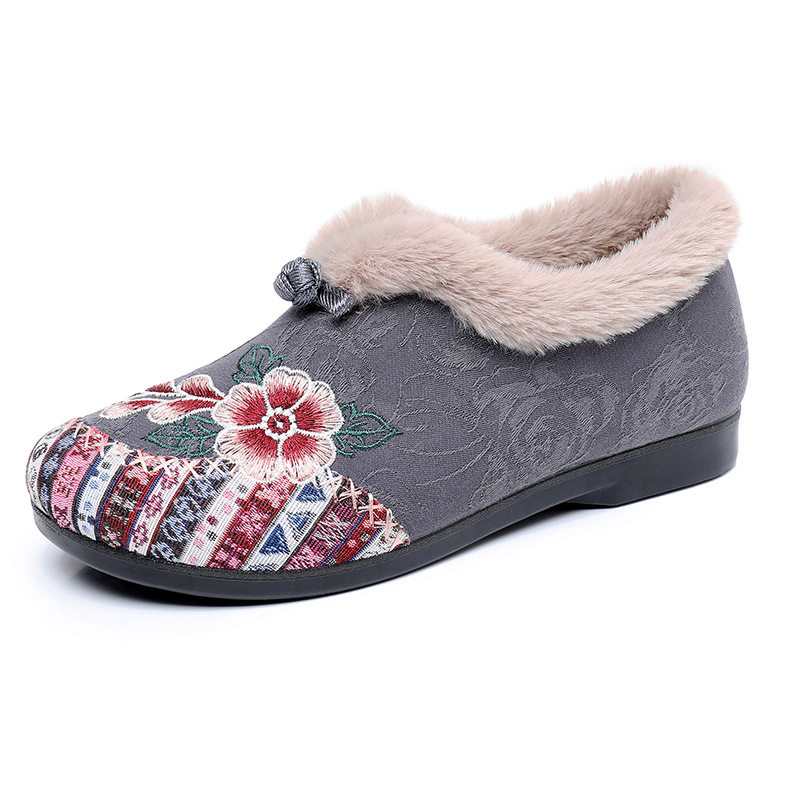New Style Cotton Shoes Women's fleece-lined Thickened Middle-aged and Elderly Flat Embroidered Shoes Chinese Ethnic Style Slip-on Shoes for Mother Hanfu