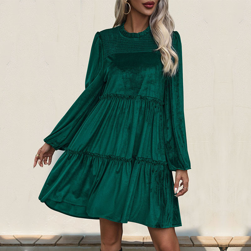 Green Velvet Dress Elegant Autumn Style Perfect for Christmas Celebrations Wholesale Available