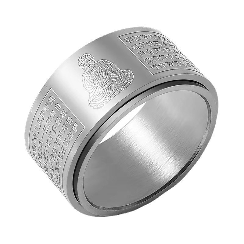 八大守护神转动钛钢国潮戒指男万字护身符十二生肖本命佛心经戒指