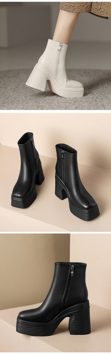 Boot nữ cổ thấp gót cao đế platform mũi vuông da bò — Lớp lót đơn màu đen, Lớp lót đơn màu trắng nhạt, Lớp lót nhung màu trắng nhạt, nhung đen