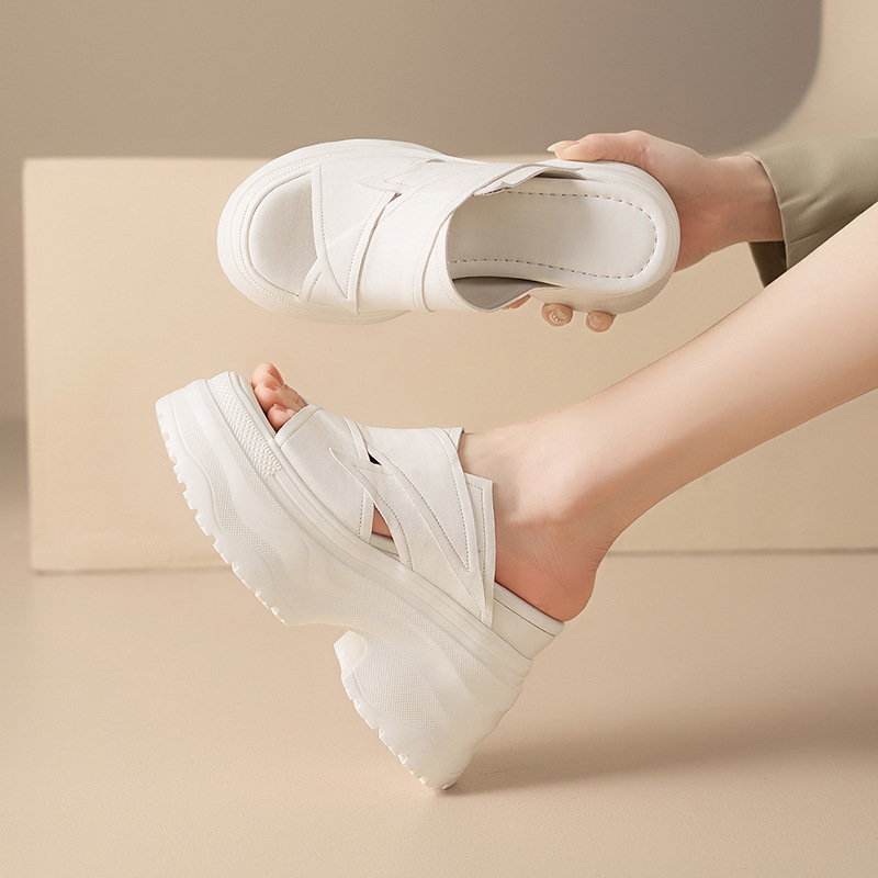 Dép sandal nữ quai ngang đế dày tăng chiều cao 12cm, mũi hở, da bò thật — màu đen, Màu trắng ngà-