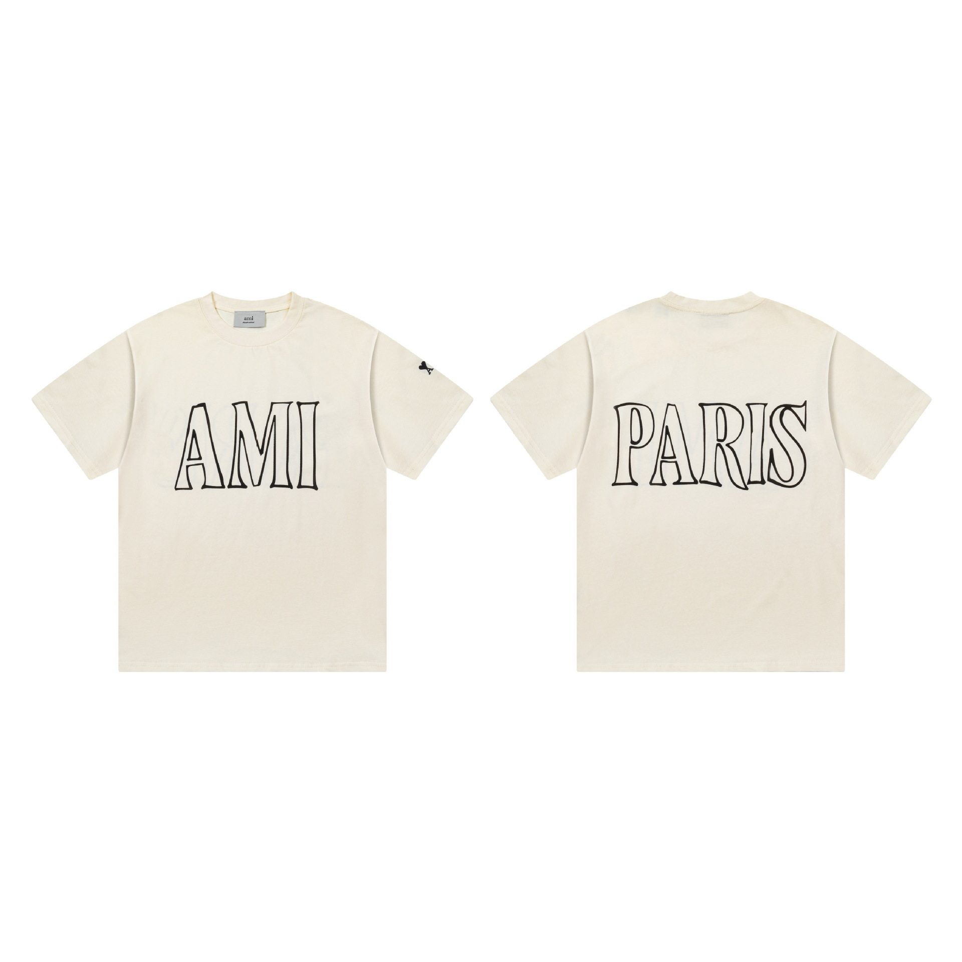 Весенне-летняя футболка Ami PARIS26SS с принтом ADC love box спереди и сзади и короткими рукавами спереди и сзади