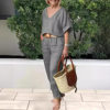 2025 European and American Cross-Border Amazon Independent Station Women's Fashion Casual Summer Multi-Color V Neck Loose Cotton and Linen Suit
