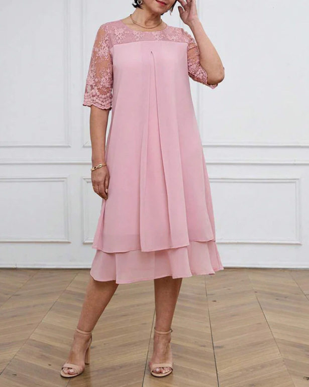 Elegant Solid Color Lace Dress with Half Sleeves Round Neck Floral Trim Autumn Fashion Wholesale Available
