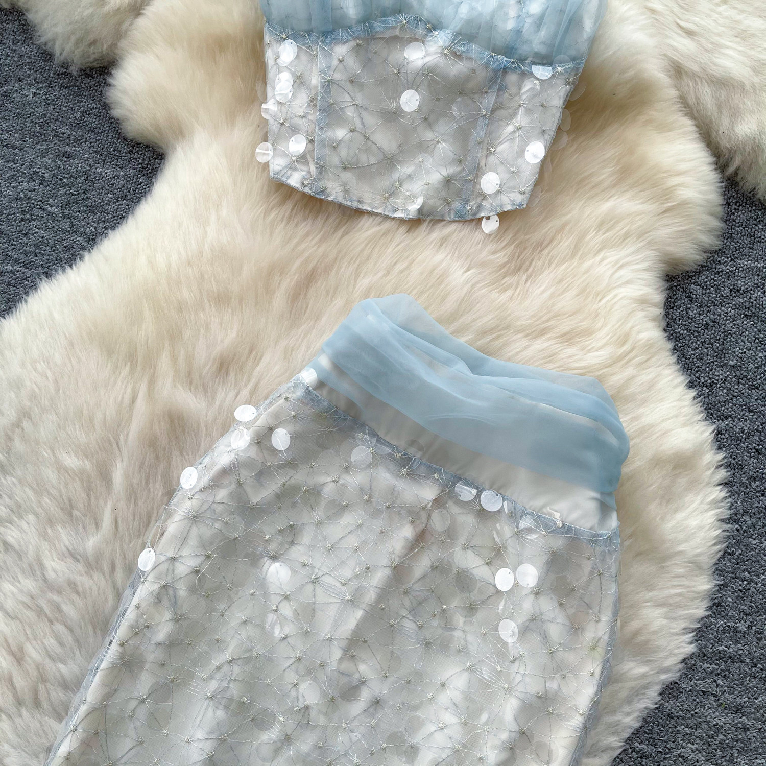 Elegant Two Piece Set High Quality Sequins Sheer Mesh Sophisticated Style Summer Fashion for Work and Leisure