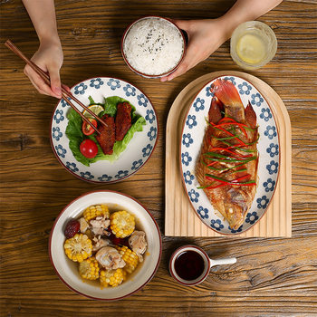 Vintage small blue flower double ear bowl plate ceramic tableware set Japanese household ceramic rice bowl dish noodle soup dish