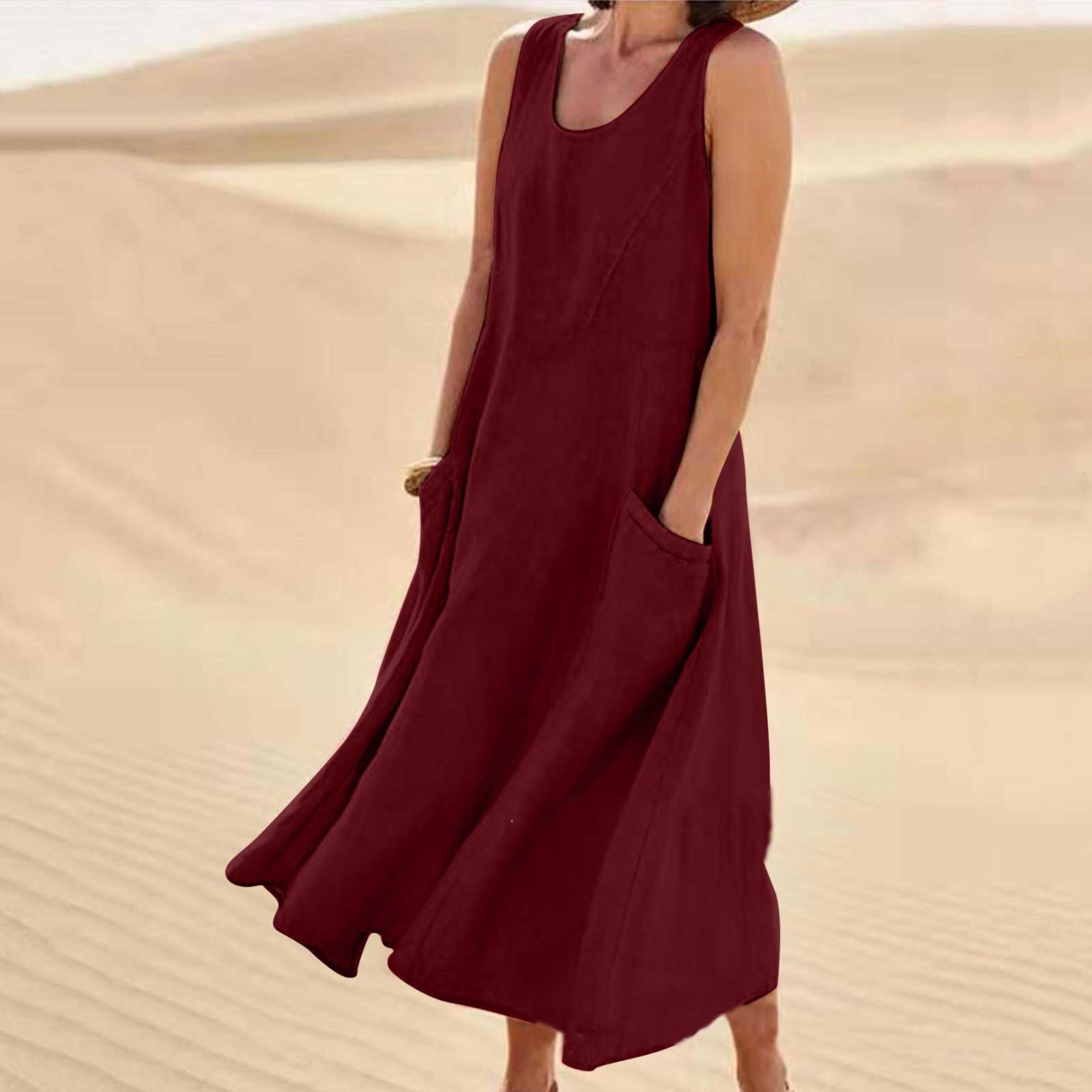 Summer Womens Cotton Linen Dress Sleeveless Round Neck Pocket Design Casual Wear for Everyday Use Wholesale
