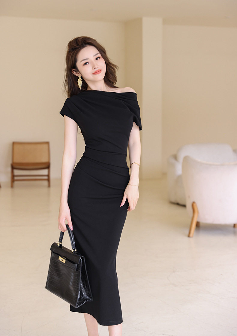 Đầm ôm body nữ dáng dài tay ngắn, cổ chéo, thiết kế eo ôm, phong cách Pháp — [Đen], [Xanh bạc hà], [Màu mơ], [Đỏ rượu vang] chi tiết 25