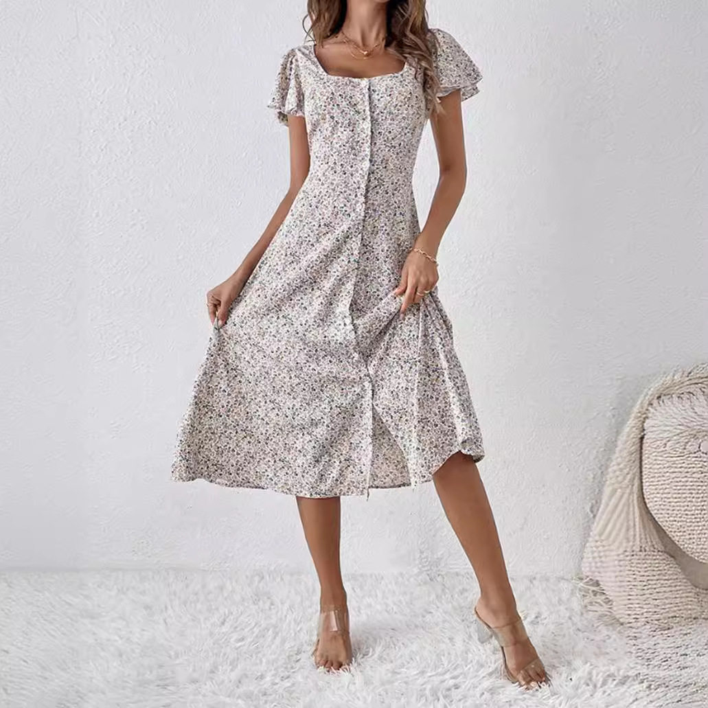 Floral Print Short Sleeve Square Neck Dress Summer Style Lightweight Fabric Elegant Design Wholesale Available