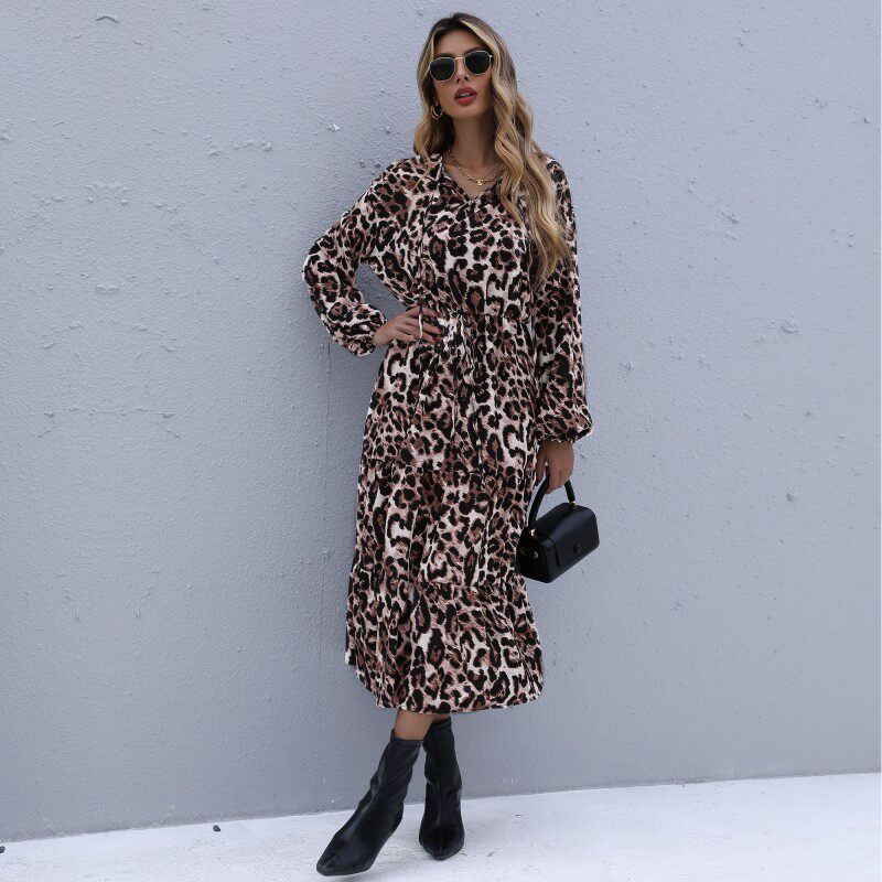 Leopard Print Midi Dress Long Sleeve Autumn Winter Style Trendy Design Wholesale Available customizable
