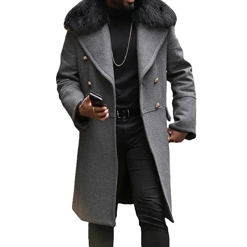 跨境现货男装休闲大毛领呢子外套外贸纯色双排扣男士呢子大衣保暖
