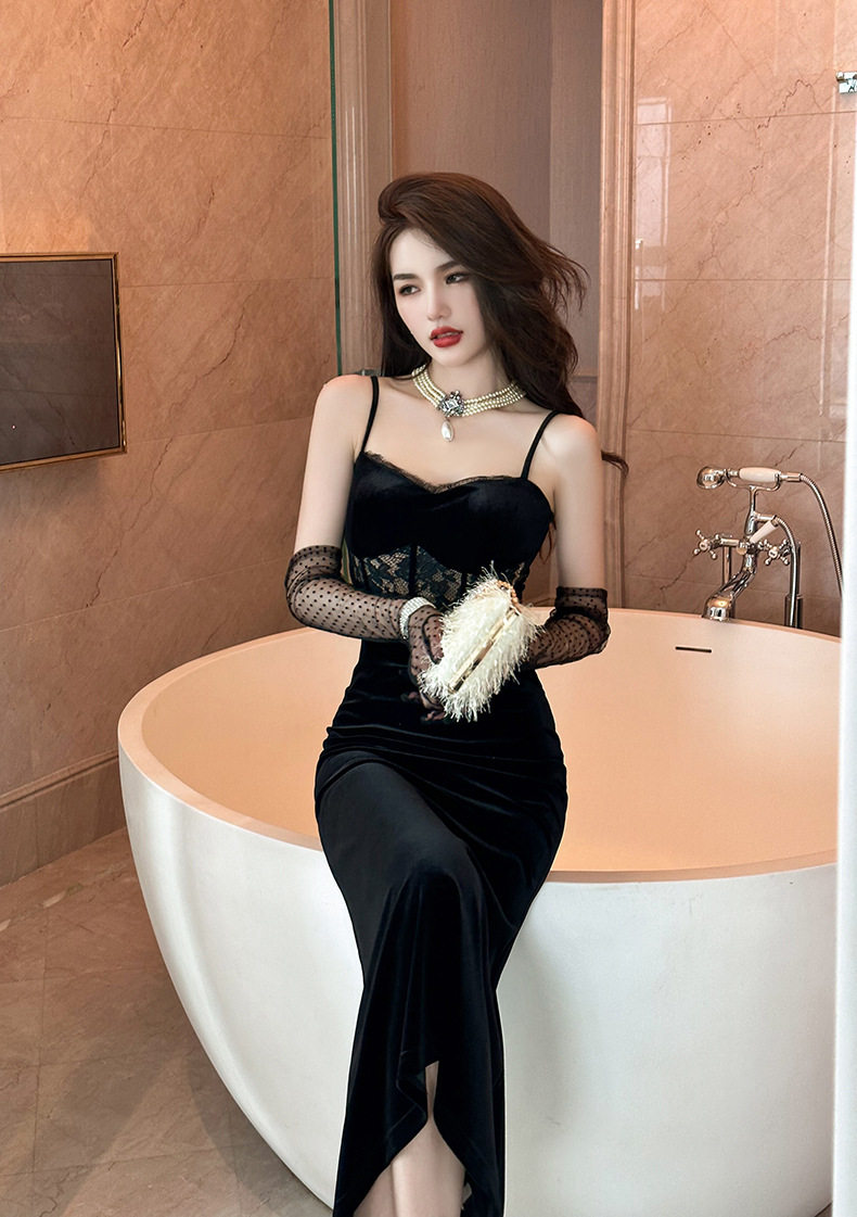 Đầm ôm body nữ nhung dáng đuôi cá cổ V không tay — [Đen] chi tiết 15