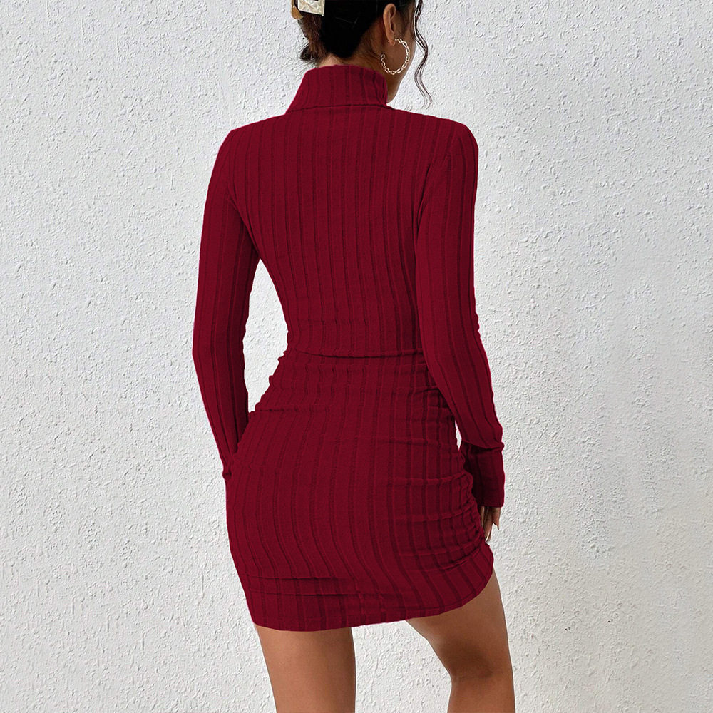 Wine Red High Neck Dress Elegant Minimalist Design Autumn Winter Casual Wear Wholesale Available