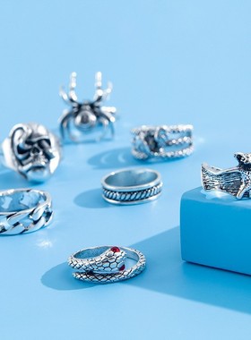 跨境新款重金属暗黑风嘻哈戒指复古做旧蜘蛛蛇蝙蝠骷髅双头蛇套戒