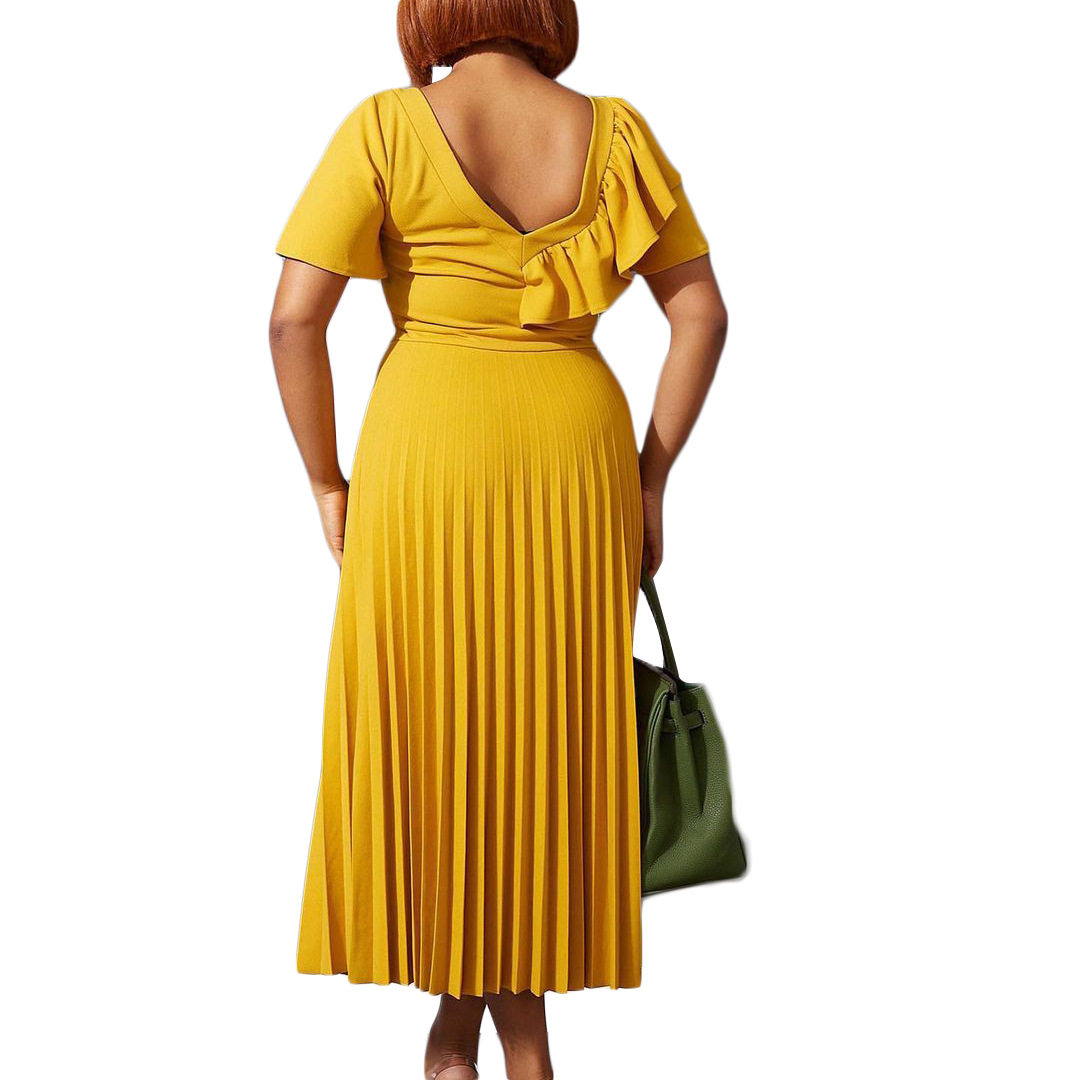 Plus Size Elegant Ruffle Sleeve Asymmetrical Dress Pleated Design European Style Casual Wear Wholesale Available