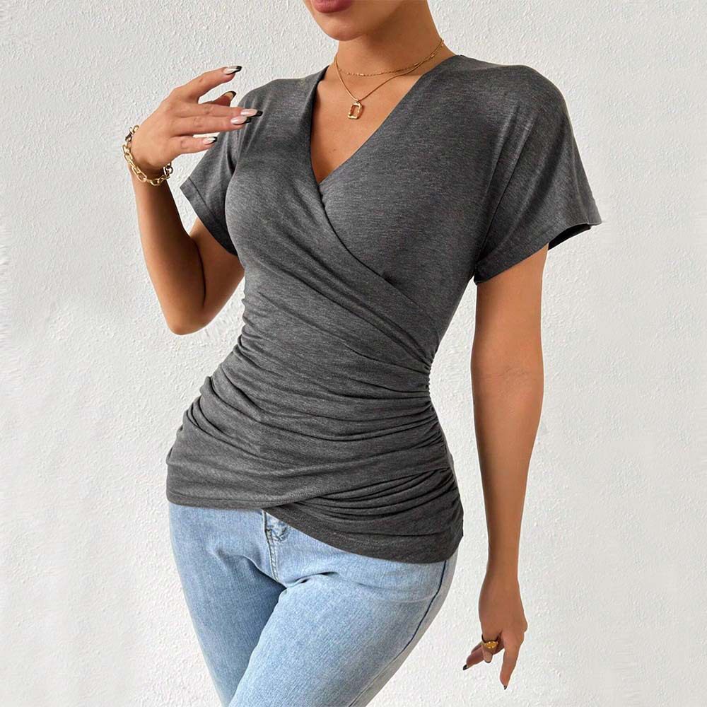 Knit Deep V Neck Top Slimming Waist Ruched Design Sexy Casual Wear for Women Wholesale Available