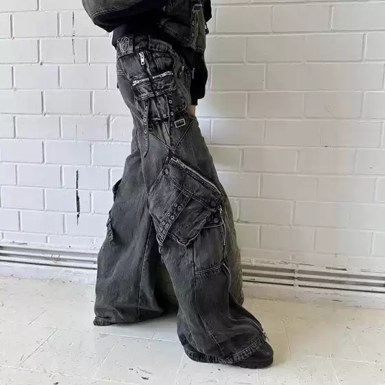 No/Faith Heavy Craftsmanship Dune Wasteland Style Zipper Multi-Flap Pocket Pants Loose Straight Leg Flared Work Jeans