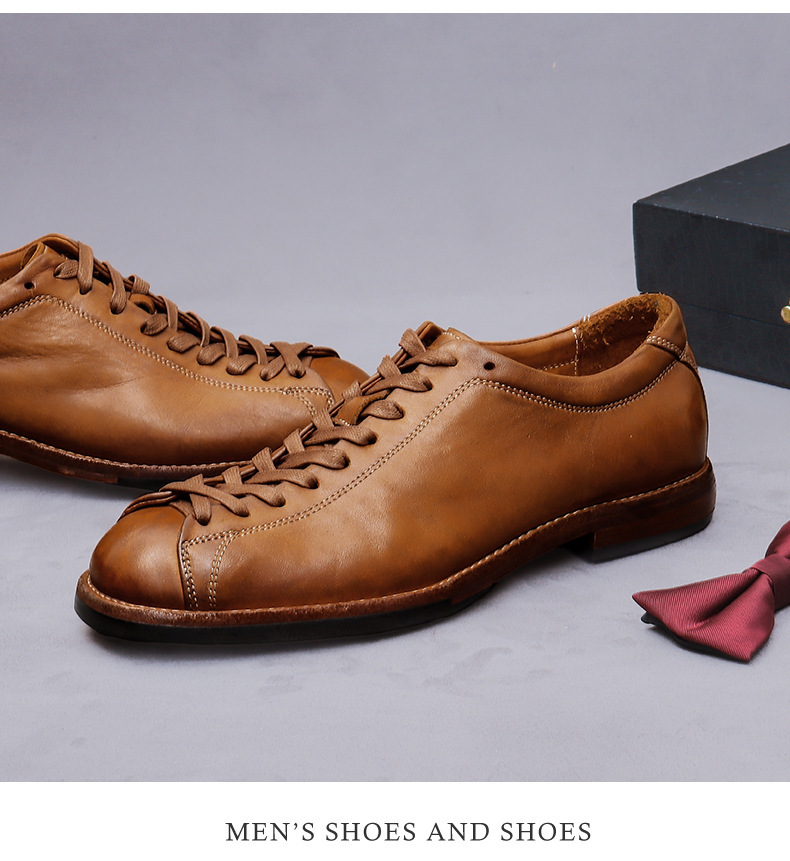Giày da nam cổ thấp buộc dây dài kiểu boxer cổ điển, mũi tròn, đế khâu Goodyear — màu đen, Màu caramel
