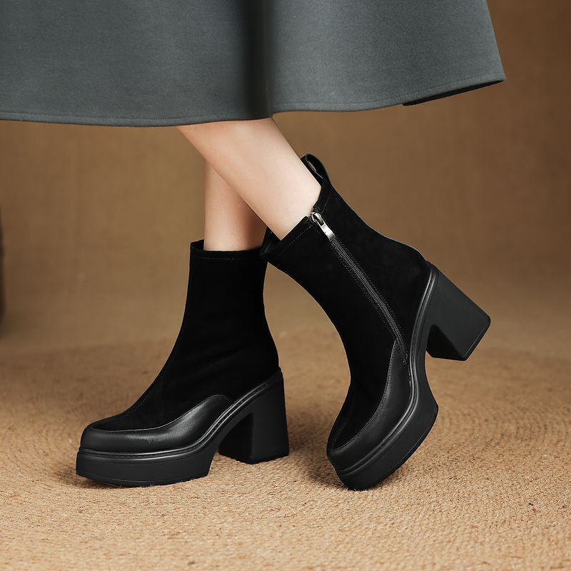 Boot nữ mũi nhọn phối da, cổ ngắn ôm chân, đế dày gót cao — Lớp lót đơn màu đen, Lót nhung đen
