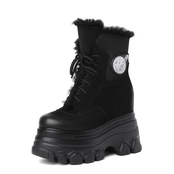 Boot Nữ Cổ Lông Đế Dày Chiều Cao Đế Khoảng 12cm Da Mờ Màu Nâu, Đen
