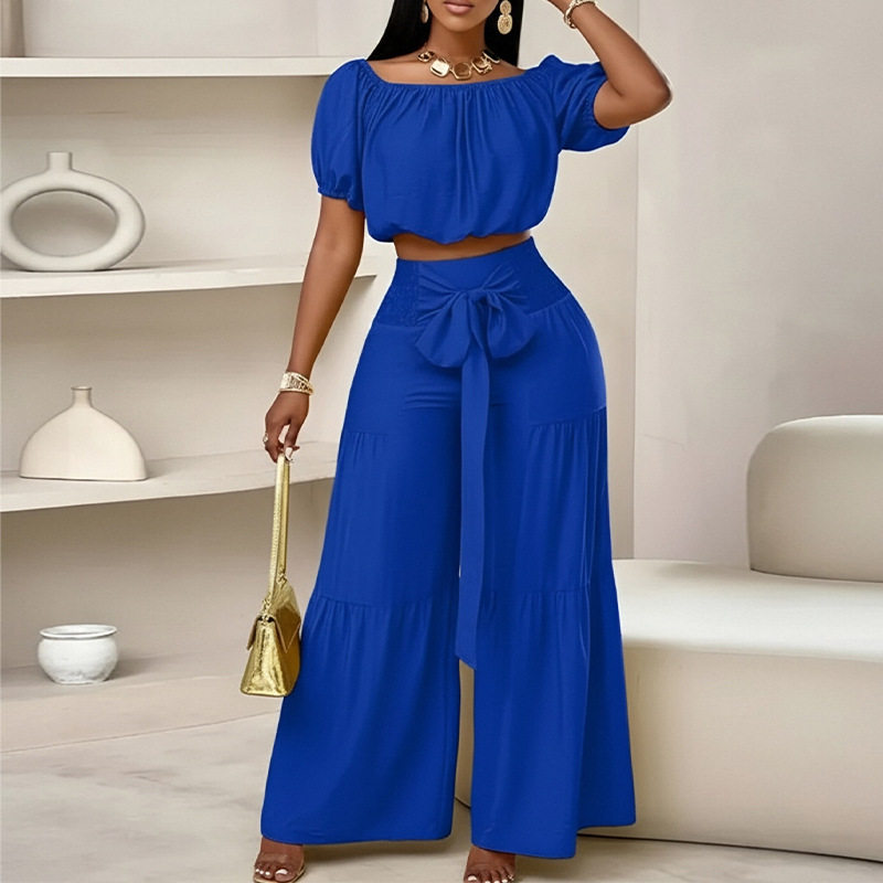 Womens Summer Outfit Set Fashionable Casual Style Solid Color Puff Sleeve Top Wide Leg Pants Wholesale Available