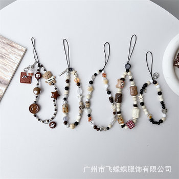 New Maillard Color Acrylic Beads Ceramic Puppy Bear Handmade Mobile Phone Chain Cute Mobile Phone Lanyard Female