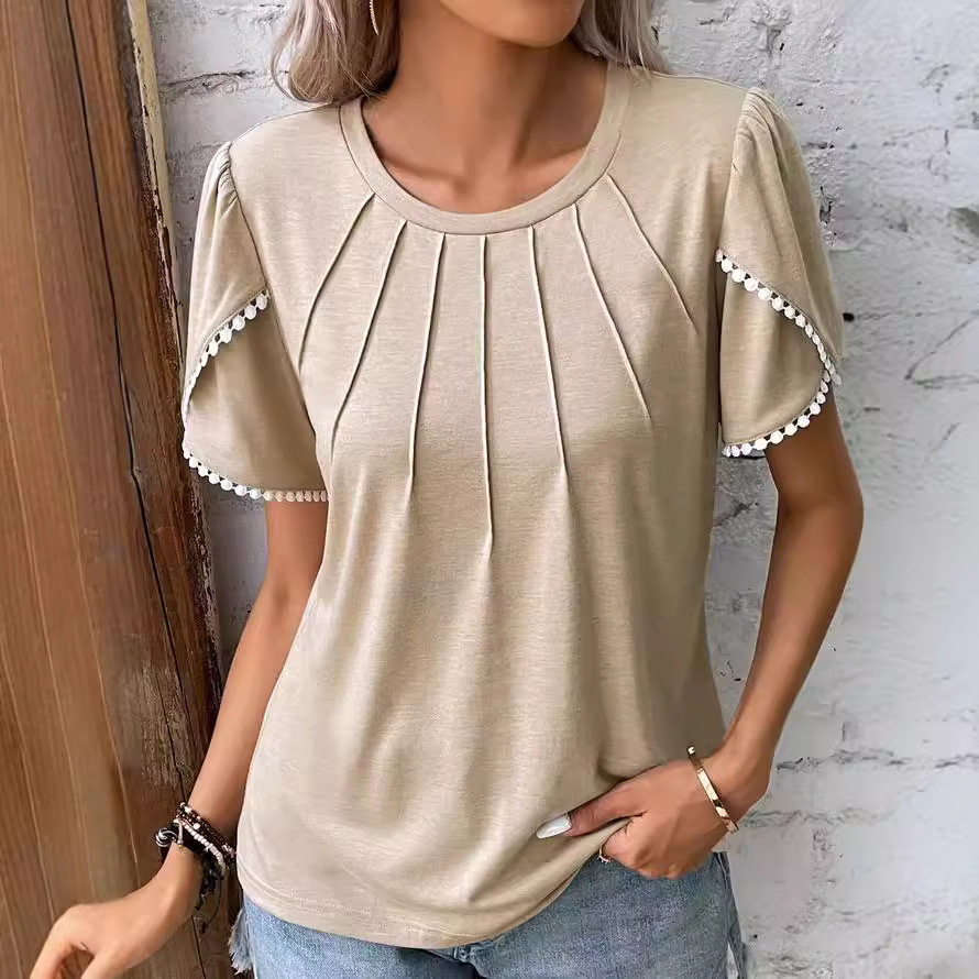 Short Sleeve Pleated T Shirt Round Neck Petal Sleeves Lightweight Fabric Summer Casual Wear for Women Wholesale