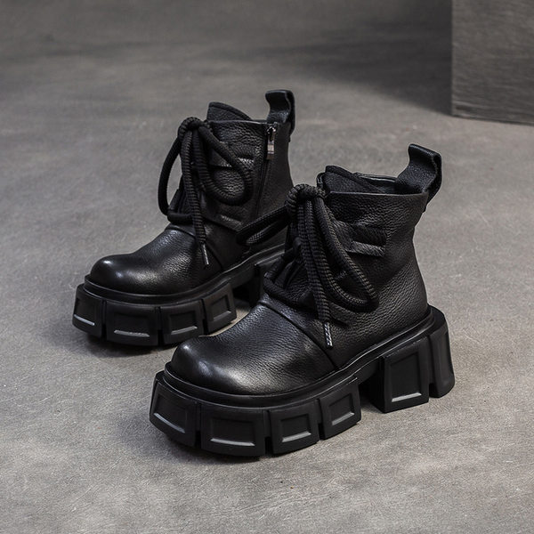 Giày Boot Martin Nữ Da Mờ Cổ Thấp Buộc Dây Chiều Cao Đế Khoảng 6cm Màu Đen, Nâu