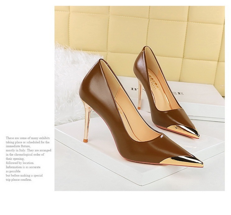 Giày cao gót nữ mũi nhọn kim loại phong cách Âu Mỹ dự tiệc — 3739-25 Cà phê 9.5cm, 3739-25 Đen 9.5cm, 3739-25 rượu vang đỏ 9.5cm, 3739-25 trắng 9.5cm