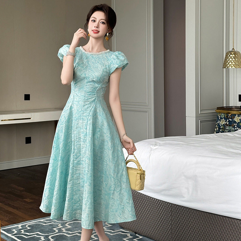 Đầm maxi nữ cổ vuông tay ngắn dáng chữ A — [Xanh nhạt]