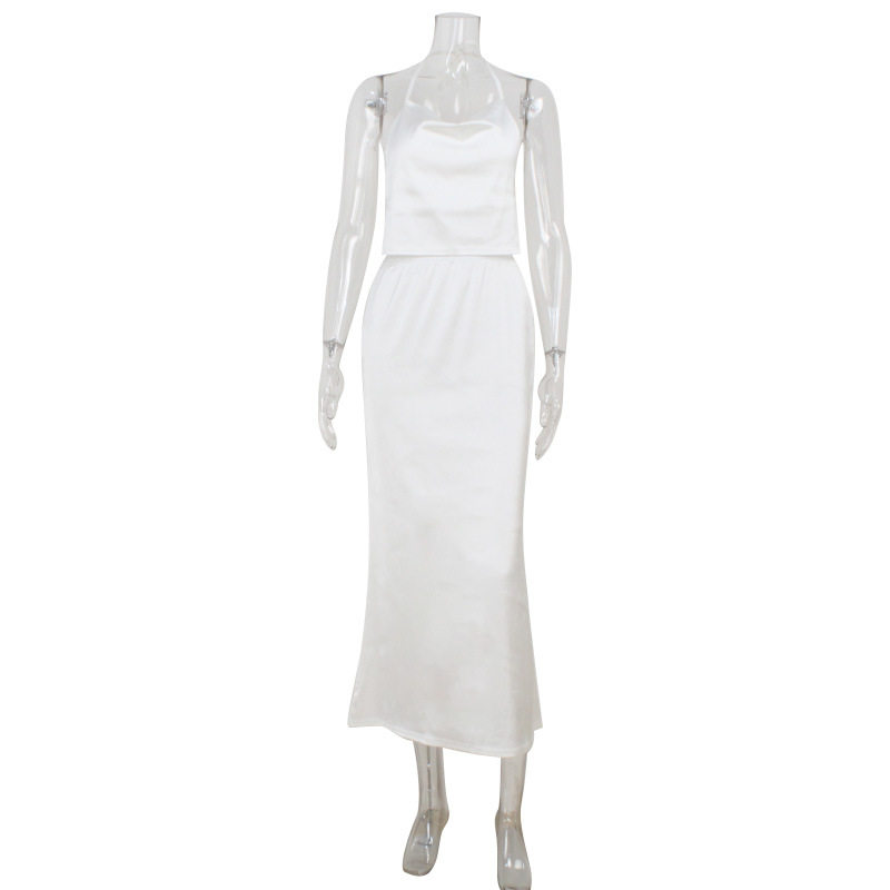 Backless Halter Top and Low Waist Maxi Skirt Set Sexy Satin Fabric Chic Style Perfect for Parties Wholesale Available
