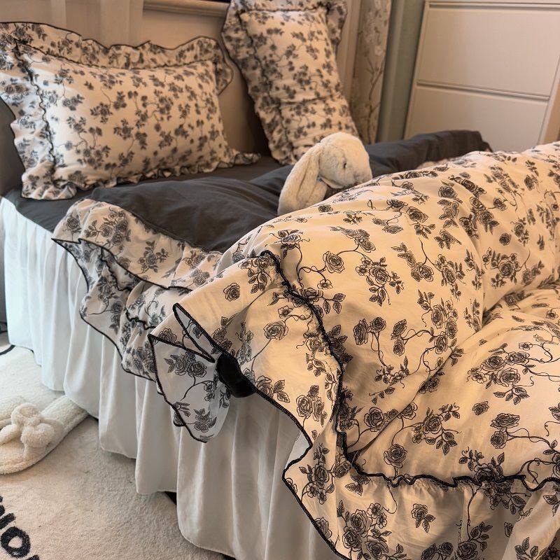 Ins Pastoral Floral Lace Quilt Cover Bed Sheets Double Bed Skirt Four-Piece Set Universal Washed Cotton Dormitory Three-Piece Set