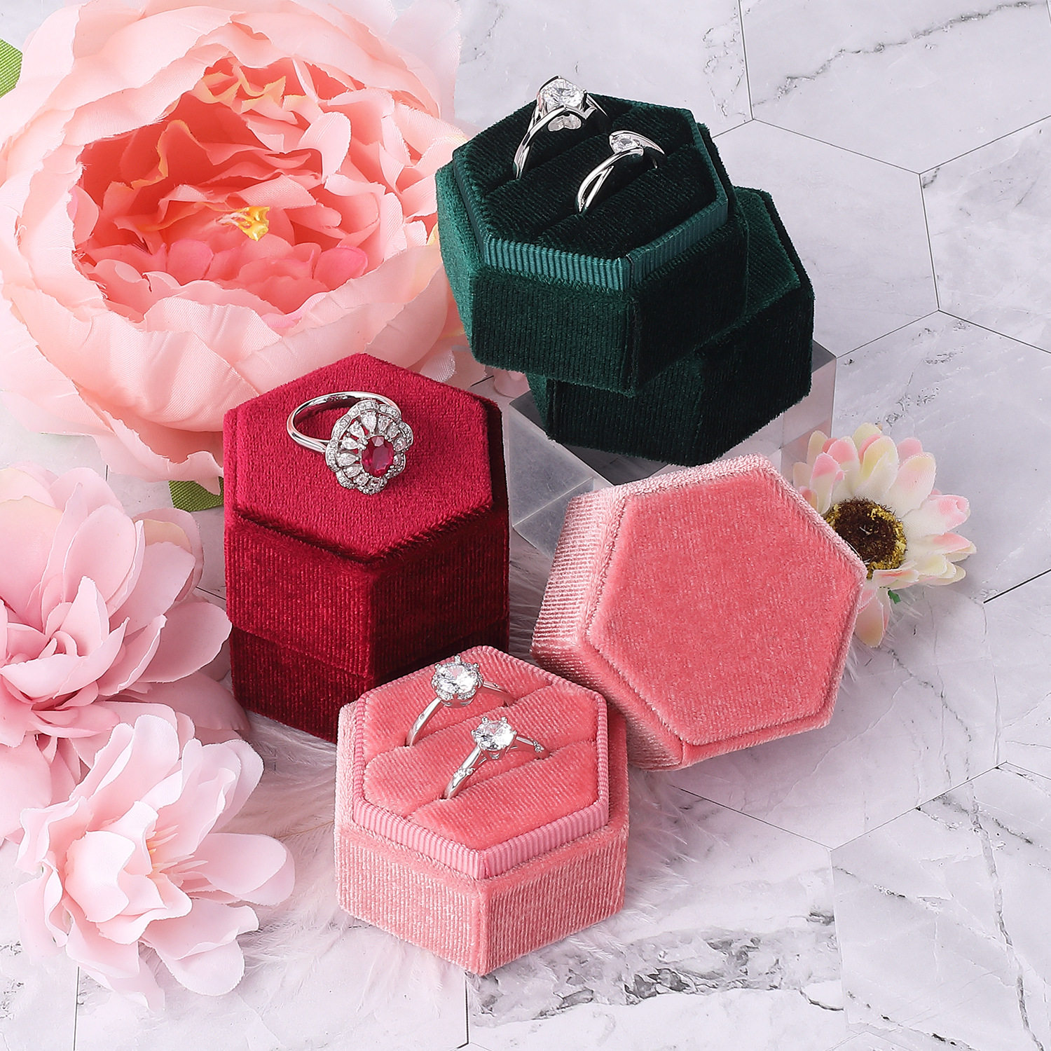 Cross-Border Hexagonal Jewelry Box, Flannel Ring Box, Earring Box, Proposal Ring Box, Jewelry Box with a High-End Feel