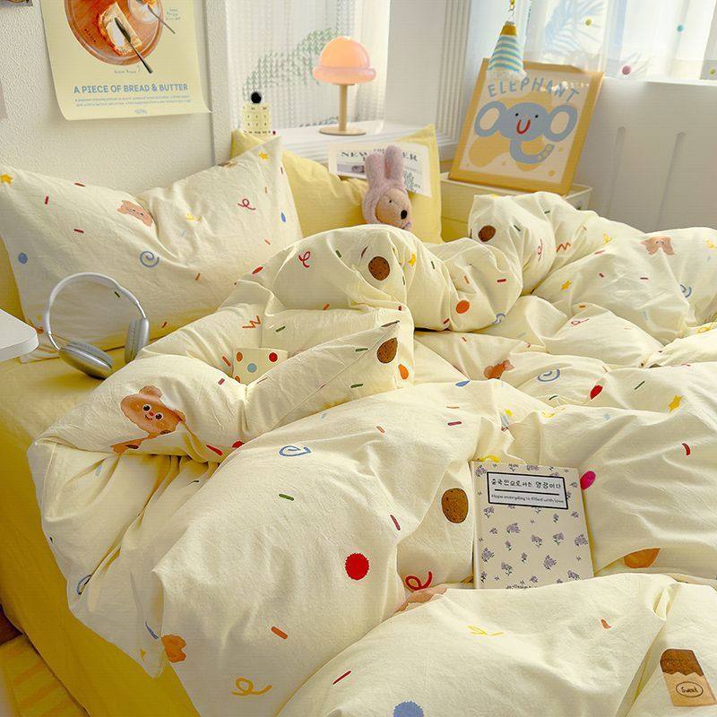 Class a Cartoon Washed Cotton Super Soft Bed Four-Piece Set Ins Cute Student Dormitory Three-Piece Set Bed Bed Sheets Quilt Cover Bed Bed Sheets