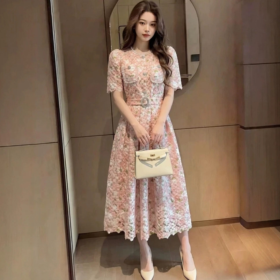 Pink Lace Hollow Out Short Sleeve Dress High Waist A Line Silhouette Elegant Summer Office Wear Wholesale Available