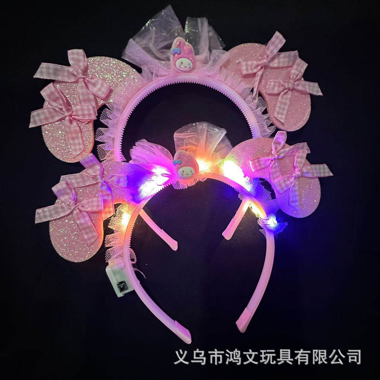 跨境热卖14灯毛毛兔耳朵发光发箍地推金丝羽毛猫耳朵发光头箍玩具