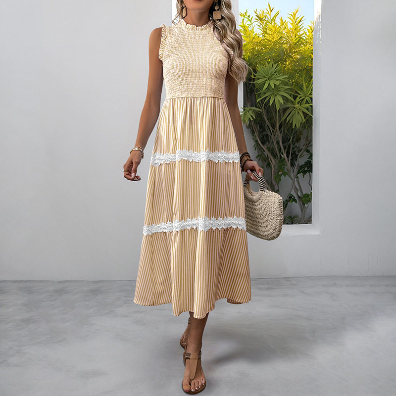 Summer Sleeveless Dress Sweet Lace Trim Striped Pattern Casual Style Perfect for Warm Weather Occasions Wholesale