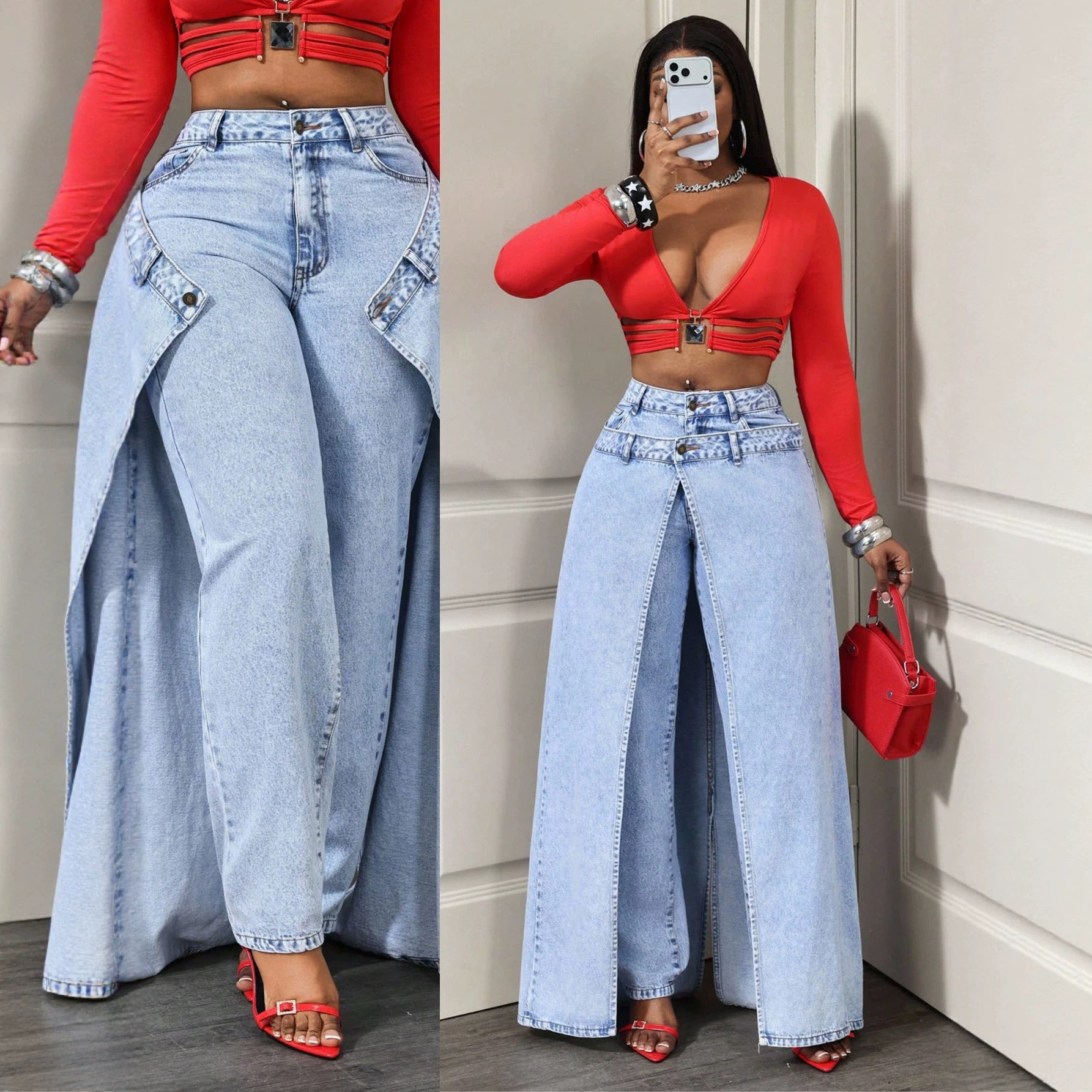 Double Layer High Waisted Split Hem Wide Leg Womens Denim Pants Stylish Comfortable Versatile Wholesale Available