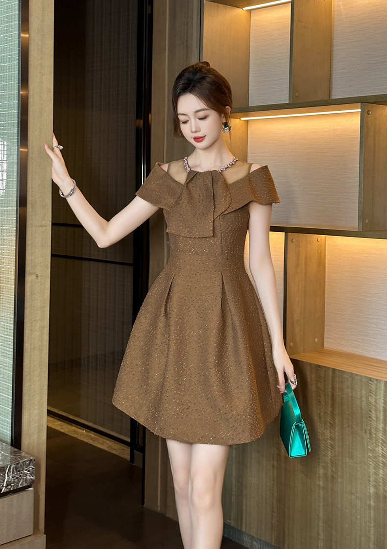 Đầm suông nữ midi cổ tròn tay ngắn A-line cao eo — [Màu cà phê] chi tiết 6
