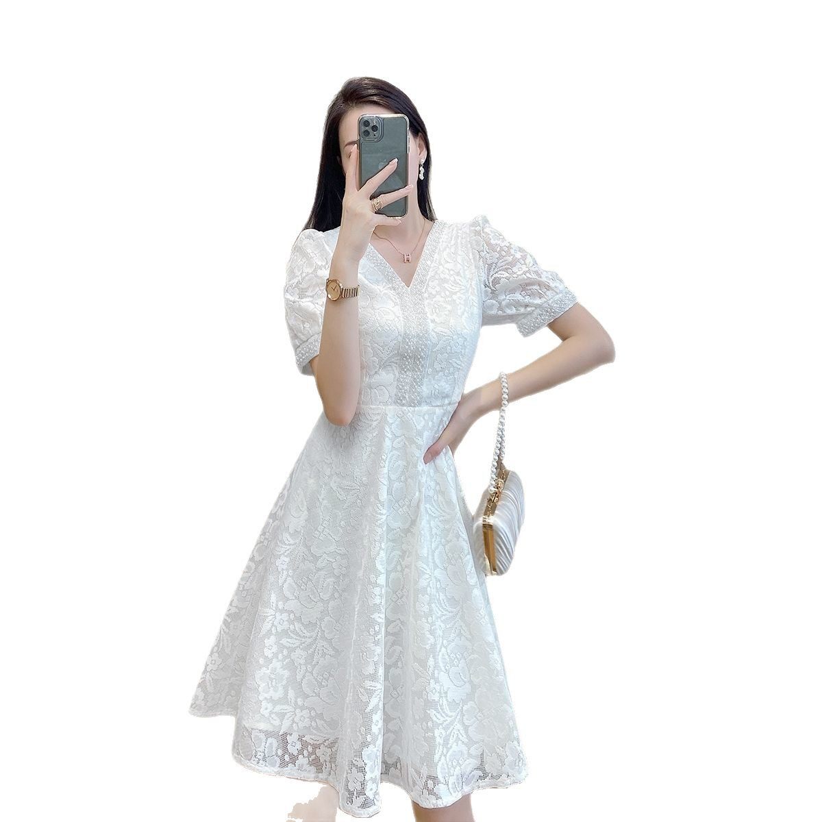 Lace Midi Dress for Women Elegant Fit and Flare Silhouette Summer Casual Wear Available in White and Apricot