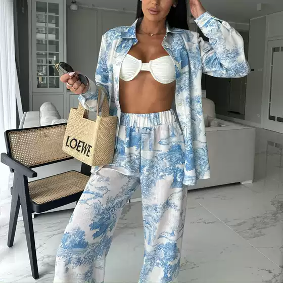 Cross-Border Women's Clothing 2026 New Style Chinese Ink Print Set with Lapel Shirt and High-Waisted Long Pants Fashion Two-Piece Set